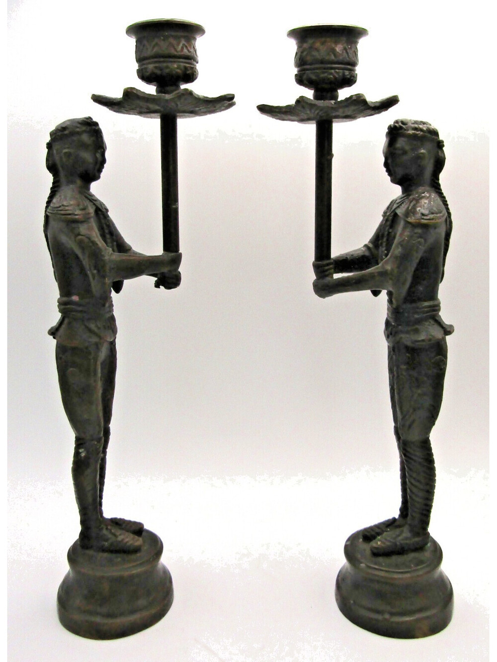 Pair of Vintage Cast Bronze Siamese Soldier Candle Holders